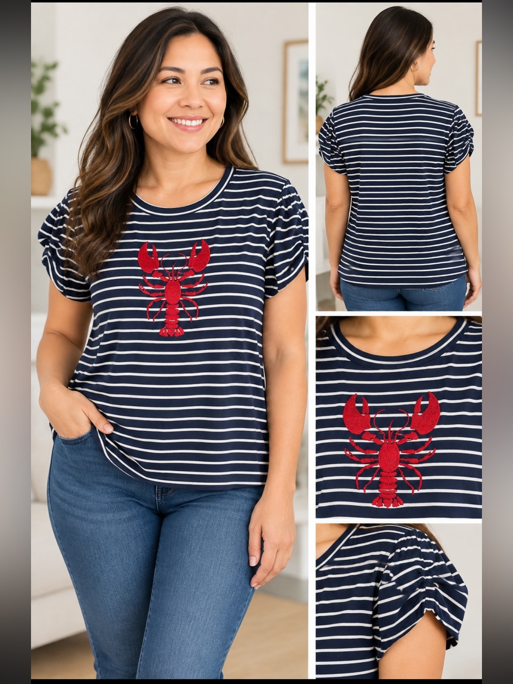 Navy & White Striped Short Sleeve Tee with Red Lobster design 1XL